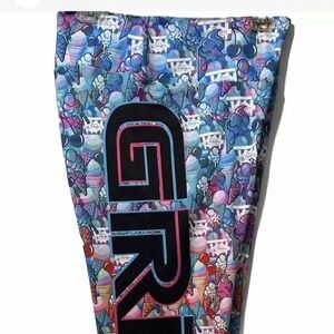 Ice Cream Active Leggings Women 2XL Blue Pink Jersey Stamped Ice Cones Spell Out